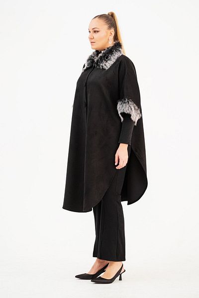 EVEN plus size Black Fur Collar Large Size Poncho