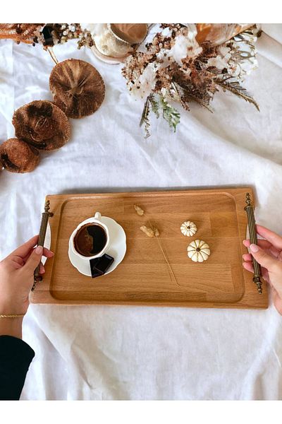 NOBLERAVEN DESIGN Wooden Tray, Natural Color, Antique Brass Handle