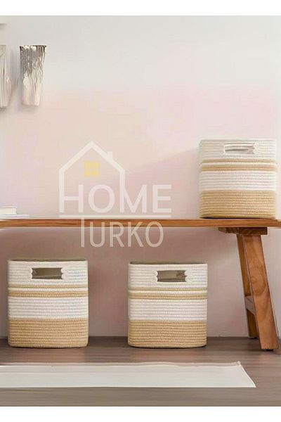 HomeTurko مجموعة تخزين مربعة لطيفة من الجوت مكونة من 3 قطع - للمنزل والمكتب والغرفة والفندق