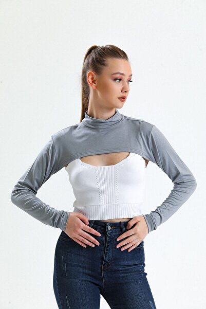 mirach Γκρι μανίκι γιακά λαιμού χτενισμένο βαμβακερό