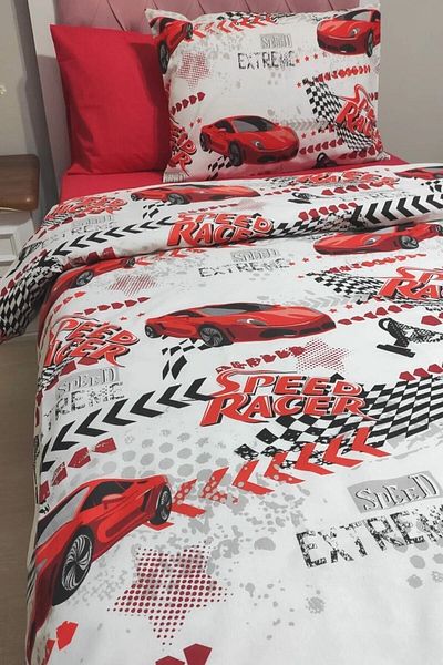 mihriban Single Red Car Patterned Elastic Duvet Cover Set