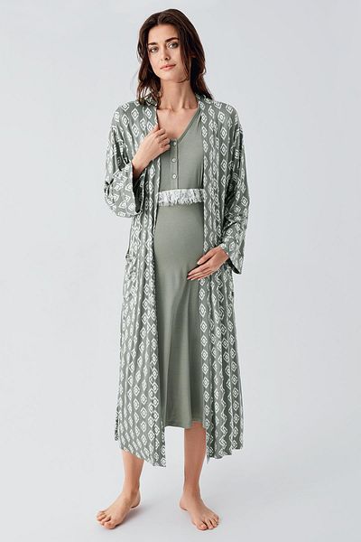 Artış Long Sleeve Ruched Patterned Buttoned Flexible Viscous Maternity Dressing Gown Nightgown Set
