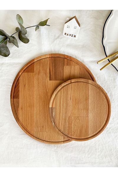 NOBLERAVEN DESIGN Natural Wooden Round Presentation Plate and Cheese Plate Set, Set of Two, Round, Beech Wood