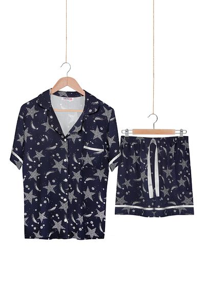 Dominant 100% Woven Poplin Viscose Shortcut Buttoned Shorts Set