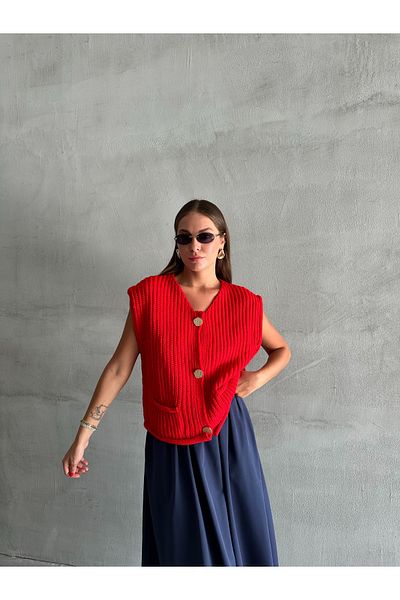 Laluvia Red Sweater with Three Gold Buttons