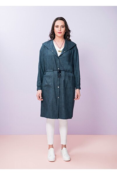 Even Plus Size - Büyük Beden Kadın Giyim Mavi Keten Büyük Beden Kadın Trençkot