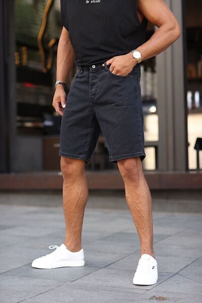 NO61 Boyfriend Rahat Kalıp Düz Siyah Kot Şort Kapri