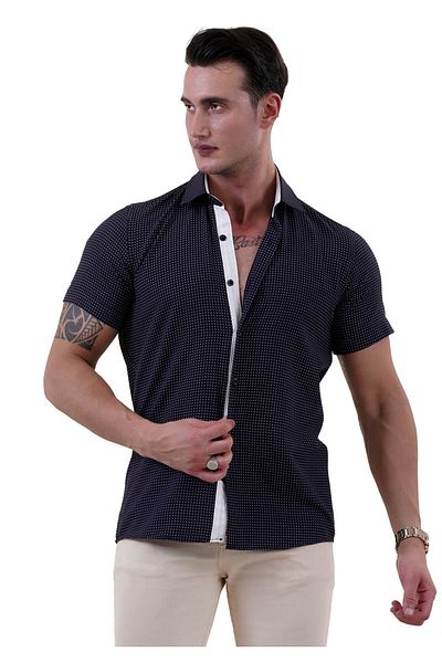 Exve Exclusive White Geometric Patterned Navy Blue Slim Fit Summer Shirt