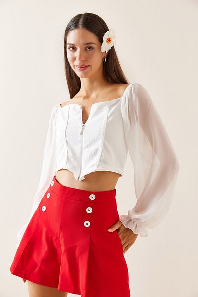 XHAN White Transparent Detailed Zippered Crop Blouse 5Yxk2-48923-01