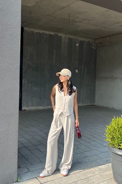 Seda Yalçın Atelier Palazzo Trousers and Vest Set - Stone Pocket Detail