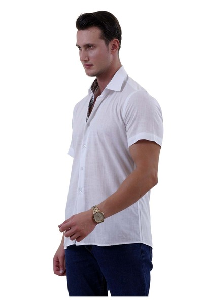 Exve Exclusive Cămașă Slim Fit din in negru - mânecă scurtă cu model șal și detaliu Garni