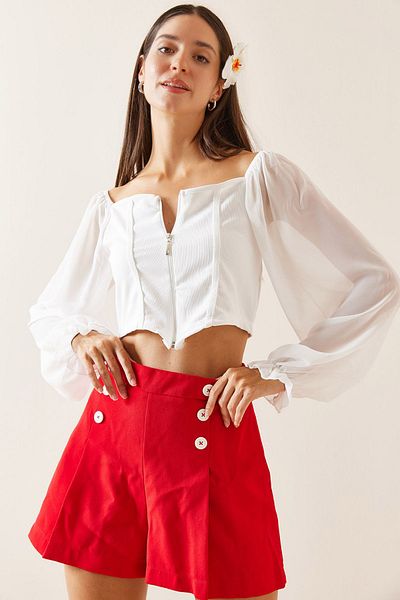 XHAN White Transparent Detailed Zippered Crop Blouse 5Yxk2-48923-01