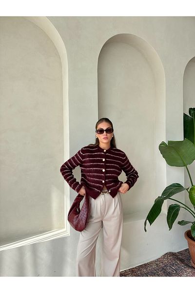 Laluvia Gold Buttoned Burgundy-Vanilla Striped Furry Crew Neck Cardigan