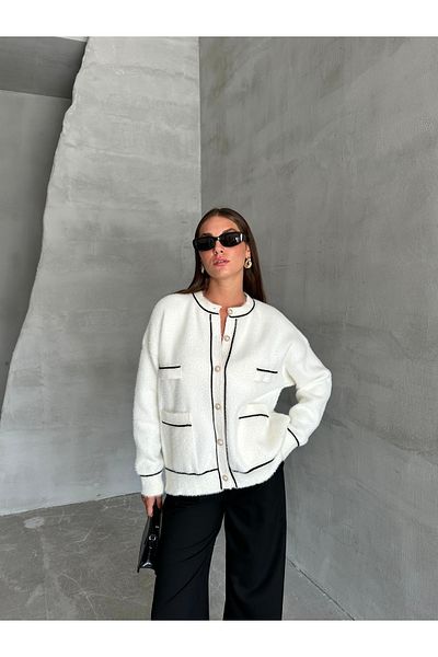 Laluvia Ekrü-fekete Pocket Glitter Cardigan-th 241047