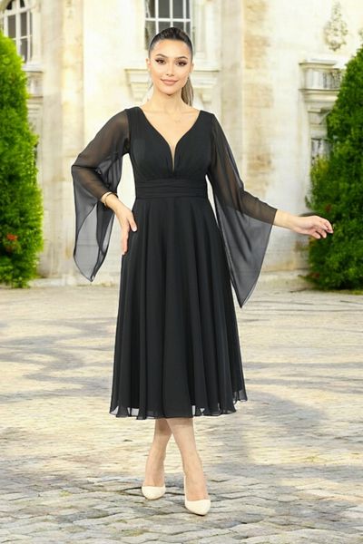 FaBe Fashion White Chiffon Midi Dress - With Long Flywheel Sleeves, Sweetheart Collar And Gathered Waist, For Wedding And Engagement Shoot