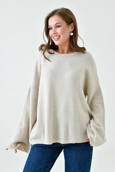 bayansepeti Beigefarbener Oversize-Strickpullover – schulterfrei, spanischer Ärmel, Rundhalsausschnitt, lange Ärmel 4091
