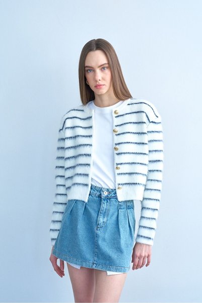 CADDELAMODA Women's Gold Buttoned Ribbed Cardigan