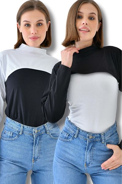 mirach Pack of 2 Black and White Crop Blouse with Stand Collar and Neck Collar - Stylish and Comfortable Design