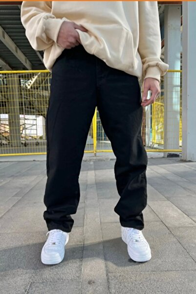 Generic Brand Pantaloni largi, largi, de culoare neagră, din denim