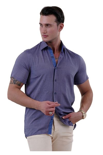 Exve Exclusive 100% Cotton Navy Blue Slim Fit Summer Shirt - Denim Look, Short Sleeve