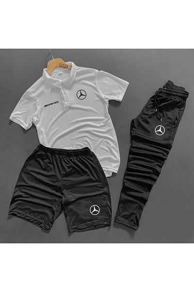 NOFLEN White Scuba Polo Neck Tshirt Shorts Tracksuit Set