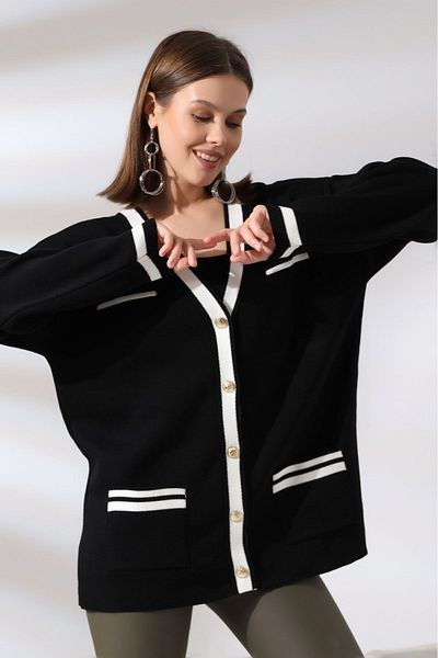 FORTİA TRİKO Μαύρο Χρώμα - Oversize Κομψή και Υπέροχη Πλεκτή Ζακέτα με χρυσή λεπτομέρεια με κουμπιά