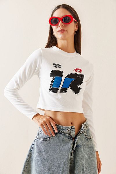 XHAN White Crew Neck Printed Crop Blouse 5Yxk2-48924-01