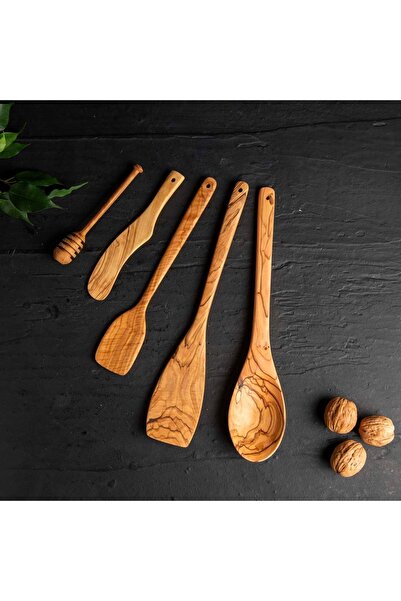 DADA Tasarım Ağaç Mutfak Seti – Zeytin Ağacı – 5 Parça - Kaşık & Spatula & Kı...
