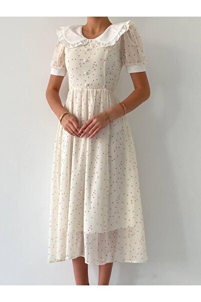 Afiş Butik Heart Patterned Ecru Chiffon Dress - Baby Collar