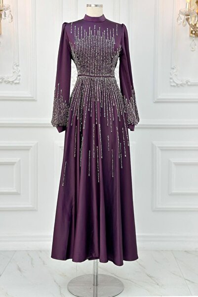 Aynur Tesettür Satin Fabric Hijab Evening Dress - Digital Bsn Stone Prints Dress