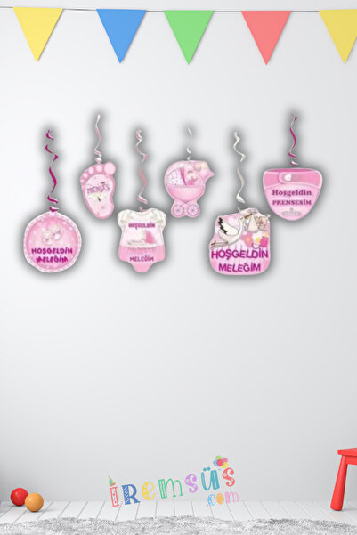 mypartyready Hoşgeldin Bebeğim Pembe Renk 6 Lı Tavan Sarkıt Süs Yeni Doğum Kı...