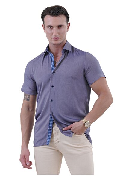 Exve Exclusive 100% бавовна, темно-синя, облягаюча літня сорочка - з ефектом джинсової тканини, з короткими рукавами