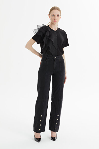 kı.we Düz Kesim Paçası Gold Düğme Detaylı Siyah Denim Pantolon