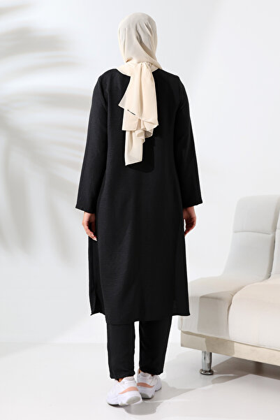 ihvan online Μαύρο λινό Look Κρυφό φερμουάρ Hijab Διπλό Σετ - Ρούχα Hajj Umrah