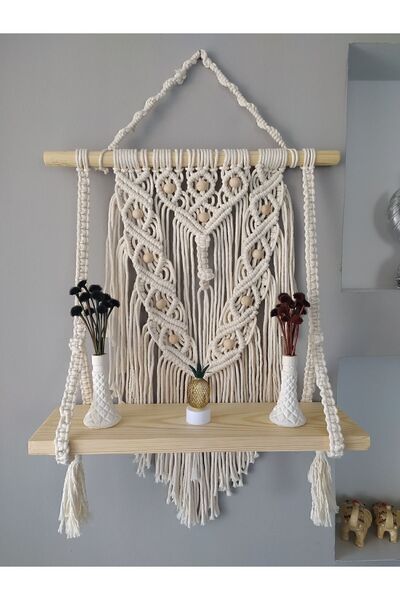 Genel Markalar Bej Makrome Duvar Rafı - Saksılık ve Dekoratif Duvar Süsü