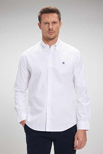 BROOKS BROTHERS Erkek Beyaz %100 Pamuk Düğmeli Yaka Slim Fit Oxford Gömlek
