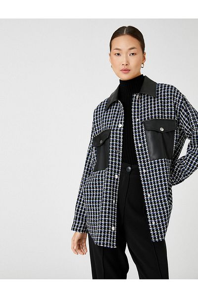 Koton Detaillierte Taschen aus Tweed-Hemdjacke aus Kunstleder mit Druckknöpfen