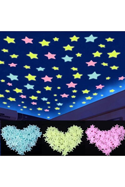 LEDONLİNE 25 Adet Pembe Renk Fosforlu Yıldız Gülen Ay Duvar Tavan Süsleri Çocuk Odası