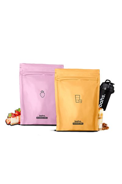 bahs. Protein Food Powder - 1 Strawberry Cake, 1 Caramel Latte, 1 Shaker Gift