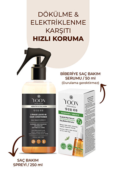 YOON 2'li Vegan Saç Spreyi & Saç Serumu, 7 Doğal Aktif, Keratin ve Kolajen İç...