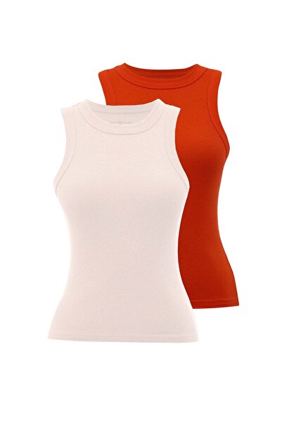 WESTMARK LONDON White and Coral Women's Sleeveless Cotton Elastane T-Shirt Se...