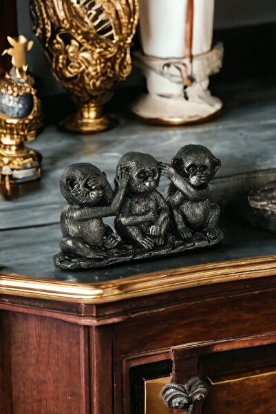 Rugad Biblo Dekoratif Heykel 3 Maymun Biblosu Gümüş Eskitme Renk Model 30