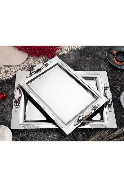 ÖZBURAK Armoni Gümüş Sultan 2-Piece Treat Serving Serving and Tea Tray