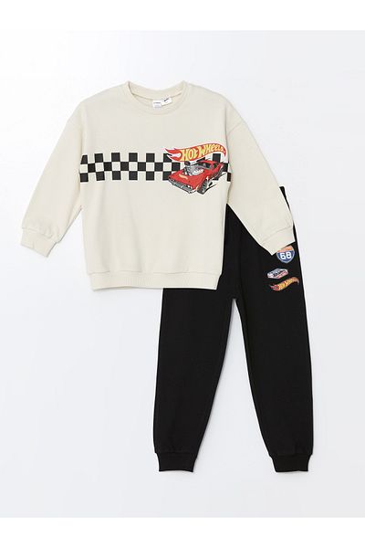 LC Waikiki Hot Wheels Printed Sweatshirt and Sweatpants Set for Baby Boys - Crew Neck, Long Sleeve, 2-Piece Set