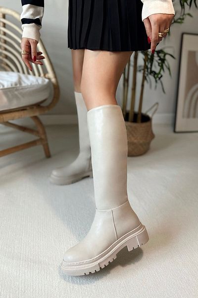 POLKA Women's Daisy Thick Sole Below the Knee Zippered Comfortable Beige Leather Boots