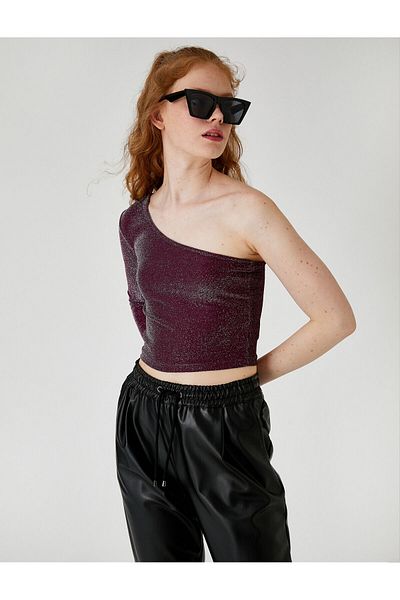 Koton One Shoulder T-Shirt Crop Glitter Long Sleeve