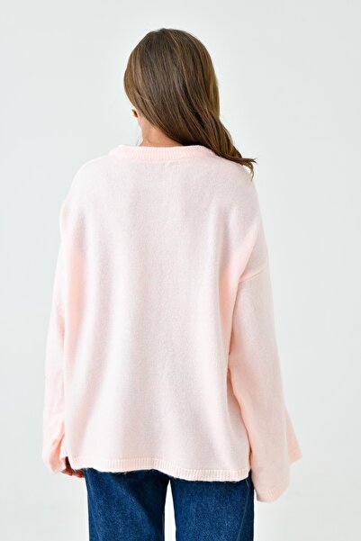 bayansepeti Spanish Sleeve Crew Neck Long Sleeve Oversize Knitwear Women's Sweater - Powder 4091