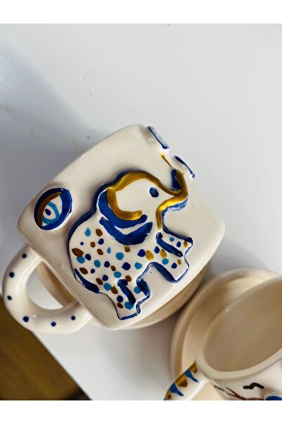 Banuart 2-Piece Ceramic Double Coffee Cup - Elephant and Evil Eye Tree Gift