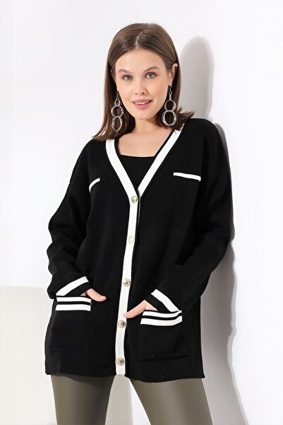 FORTİA TRİKO Black Color - Oversize Stylish Quality Great Knitwear Cardigan with Gold Buttoned Stripe Detail