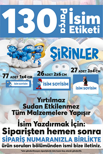 Okul Etiketi Kalem Defter Etiketi Şirinler Özel Isim Yazılabilen Etiket - 130 Adet
